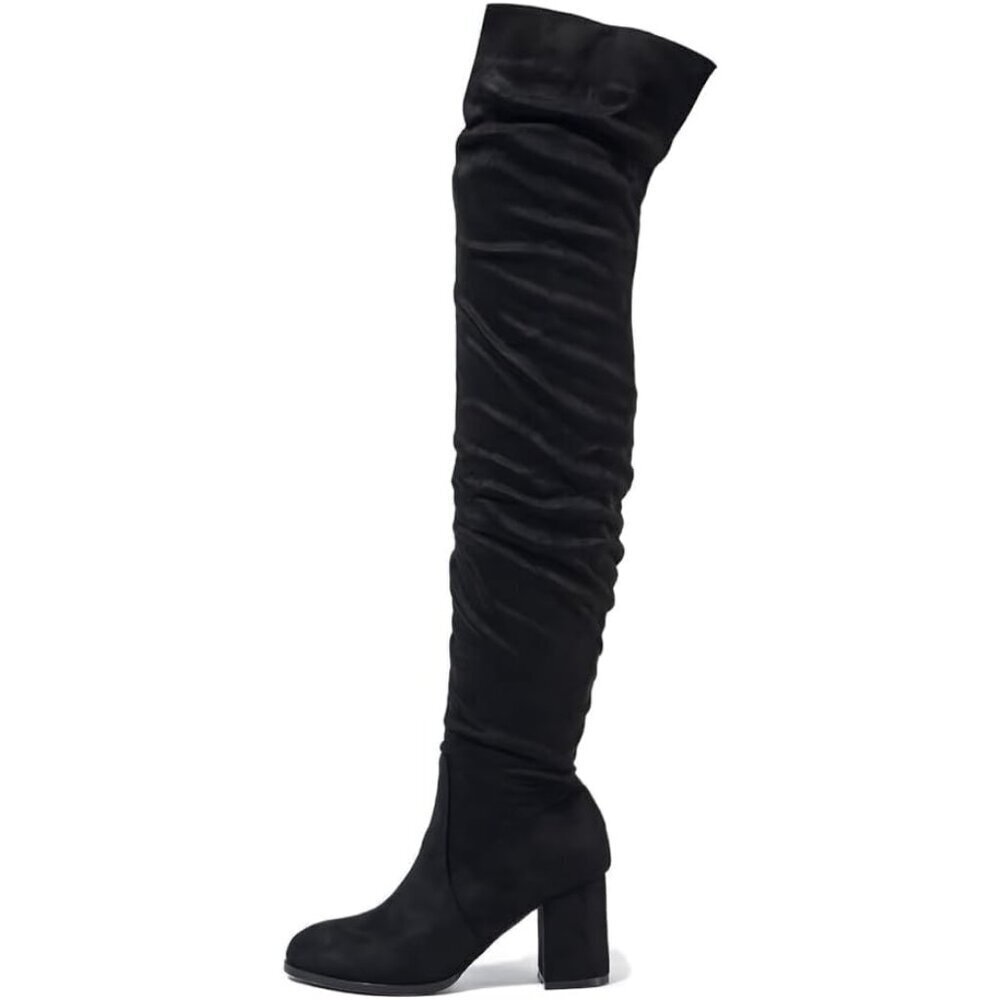 Women Black Suede Leather Pull On Side Zipper Chunky Block Heel Thigh High Boots